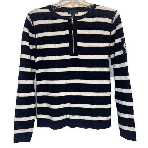 VTG LRL Ralph Lauren Black White Stripe 1/4 Zip Racing Team Patch Sweater Sz XL - Picture 1 of 8